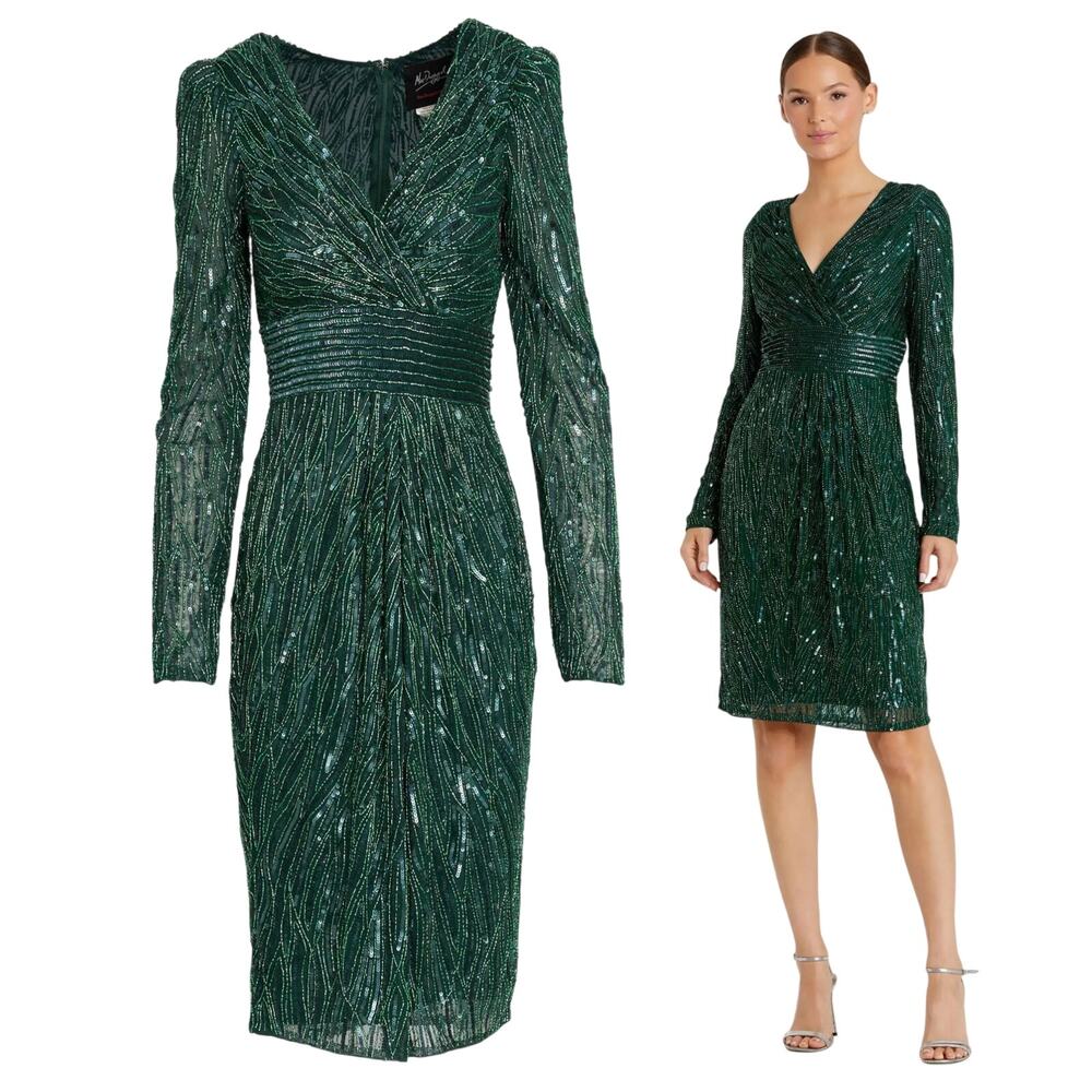 Mac Duggal 4632 Emerald Beaded Long Sleeve Cocktail Dress Size 2 NWT Sequin $498